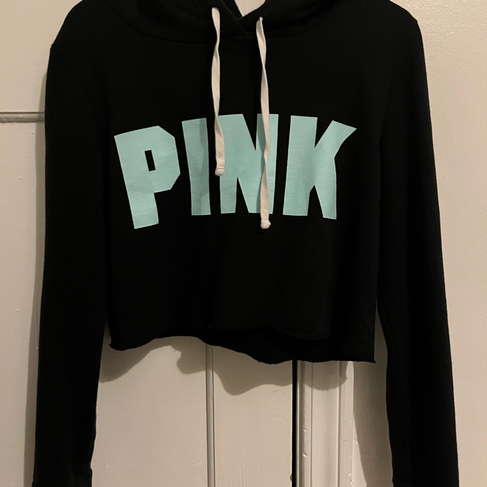 Victoria's Secret PINK Cropped Hoodie in Black with Blue Letters!🩵